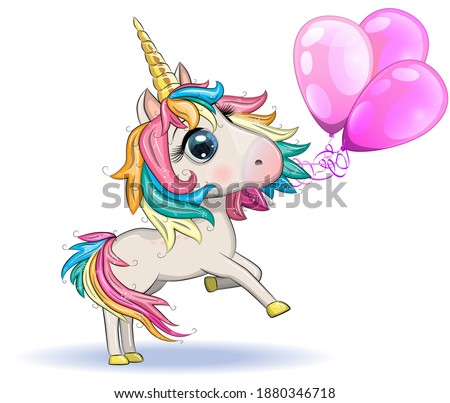 Cute magical unicorn holds balloons. Greeting card, concept, print, design.