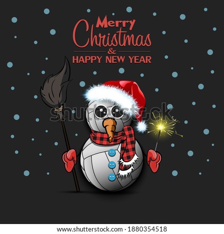 Merry Christmas and happy new year. Snowman from volleyball balls with broom and sparklers on an isolated background. Design pattern for banner, poster, greeting card, invitation. Vector illustration