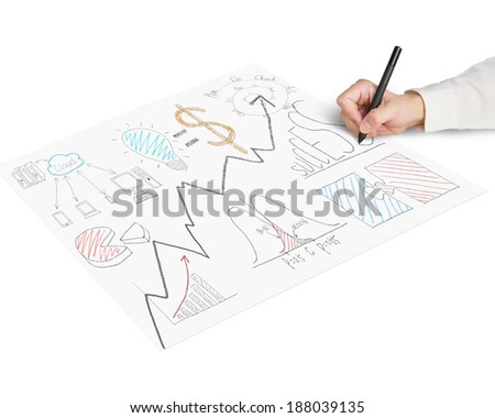 Sketching business concept doodles on paper isolated in white