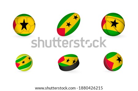 Sports equipment with flag of Sao Tome and Principe. Sports icon set of Football, Rugby, Basketball, Tennis, Hockey, Cricket.