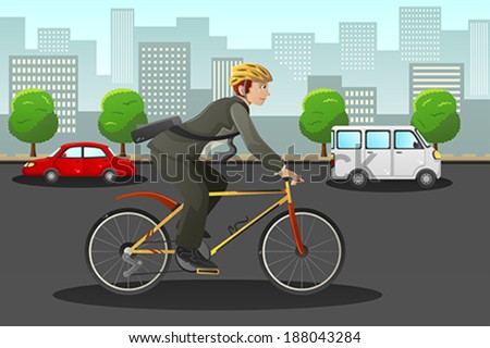 A vector illustration of businessman biking in the city