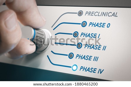 Hand turning knob to select phases of vaccine clinical trial. Focus on postmarketing surveillance stage. Composite image between a hand photography and a 3D background. Royalty-Free Stock Photo #1880465200