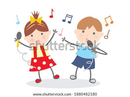 Singing kids, girl and boy with microphone, vector illustration