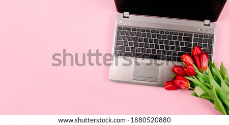 Bouquet of red tulips on pink paper background with a laptop on work place. Template for advertising or visualization of blog with copy space for text. Business card. Holiday certificate. Banner.
