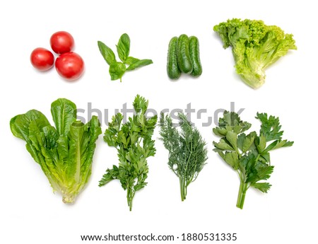 Set fresh vegetables and green leaves for salad on white background. Top view. Tomatoes, cucumbers, parsley, dill, basil, lolo biela salad and lettuce.