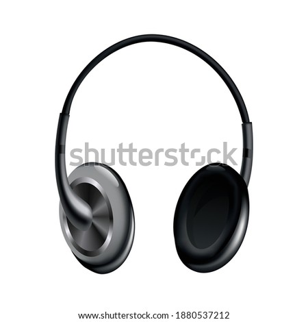 Headphone. Black music earphone or gaming headset. Audio gadget with speaker or wireless mobile earbud isolated 3d vector image. Technology studio accessories