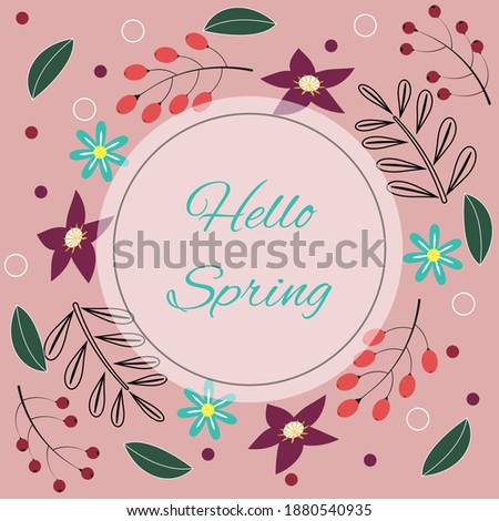 Cute floral template with branches, leaves and berries. Great for web advertisement, social media posts, cards, banner. Vector template.