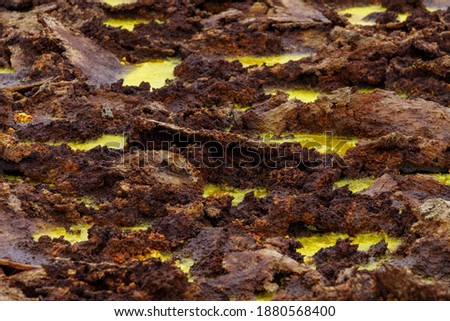 yellow and red stones in a volcanic crater that smokes and boils from the heat, they look like egg yolk with chocolate