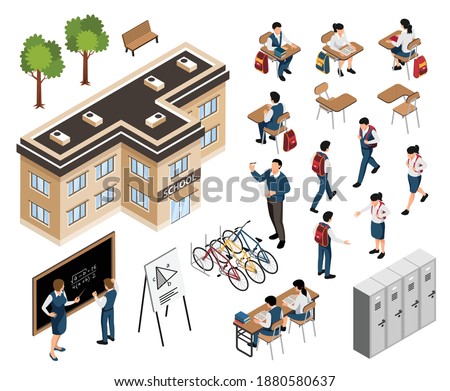 Isometric school building set with isolated icons of desks and lockers with pupils and teacher characters vector illustration
