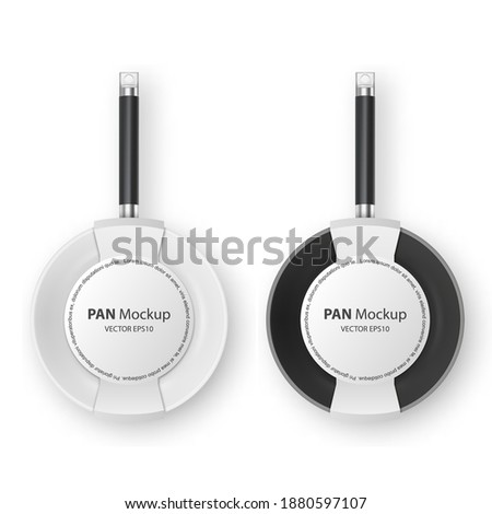 Vector 3d Realistic Black and White Empty Frying Pan with Paper Label Set Closeup Isolated on White Background. Design Template for Mockup. Top View