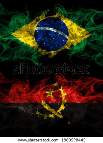 Brazil, Brazilian vs Angola, Angolan smoky mystic flags placed side by side. Thick colored silky abstract smoke flags.