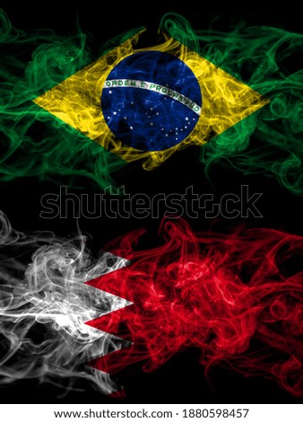 Brazil, Brazilian vs Bahrain, Bahraini smoky mystic flags placed side by side. Thick colored silky abstract smoke flags.