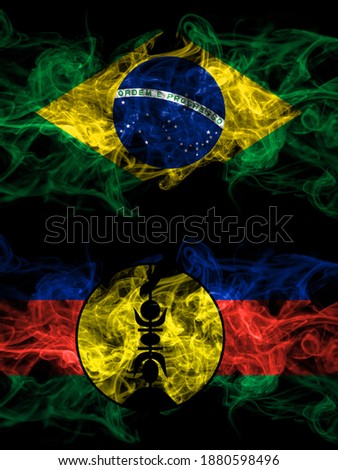 Brazil, Brazilian vs France, French, FLNKS smoky mystic flags placed side by side. Thick colored silky abstract smoke flags.