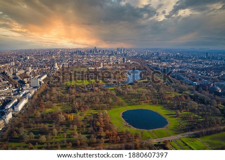 Aerial view of Hyde park in the morning, London, UK. Beautiful park in the middle of the busy city. Similar to Central Park in New York.