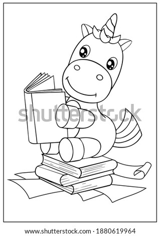 Unicorn reading book. Coloring page for kids. Children activity worksheet. Outline vector illustration.