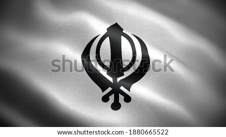 Religious symbols of sikhism. Close up waving flag of sikhism.