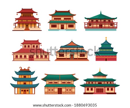 Traditional chinese buildings, asian architecture chinatown. China townscape with pagoda, temple, house. China town city landmarks landscape, Japan building architecture palace pagoda cartoon vector Royalty-Free Stock Photo #1880693035