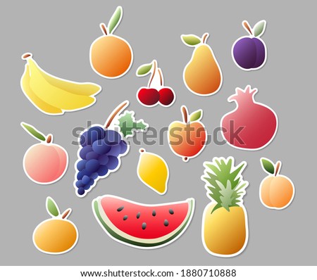 Fruit stickers set in hand-drawn cartoon doodle style with gradient colors, stock vector illustration clip art collection, design element isolated on grey background