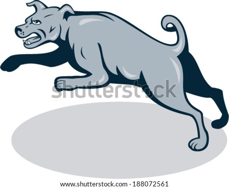 Illustration of an angry barking mastiff dog mongrel viewed from side jumping on white background done in cartoon style.