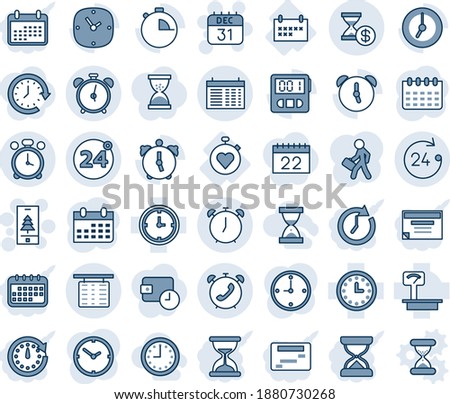 Blue tint and shade editable vector line icon set - 24 around vector, alarm clock, flight table, hours, phone, schedule, 31 dec calendar, christmas mobile, stopwatch heart, heavy scales, manager