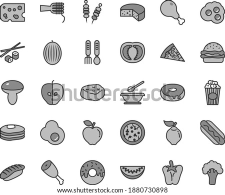 Thin line gray tint vector icon set - plates and spoons vector, iron fork, piece of cheese, fried vegetables on sticks, pizza, Hot Dog, burger, noodles, mushroom, cake with a hole, glazed, thigh