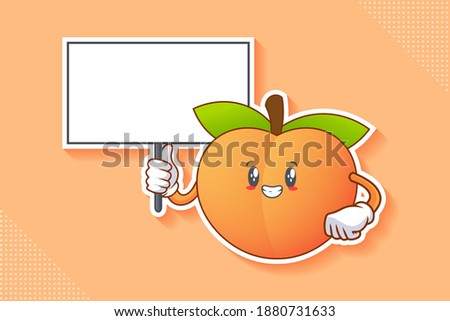 SMILING, HAPPY, GRIN SMILE Face Emotion. Holding Whiteboard Hand Gesture. Peach Fruit Cartoon Drawing Mascot Illustration.
