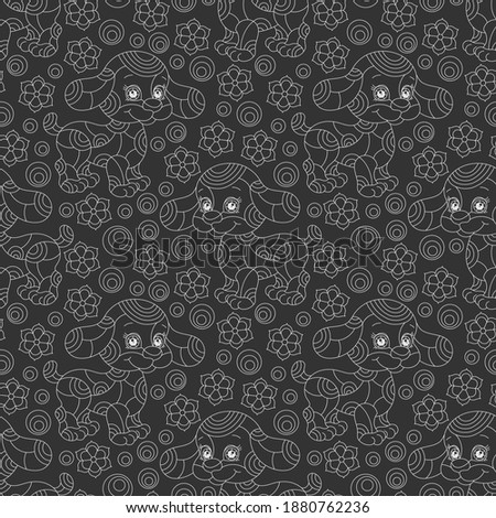Seamless pattern with contour cartoon dogs and flowers in stained glass style, light outlines on a dark background