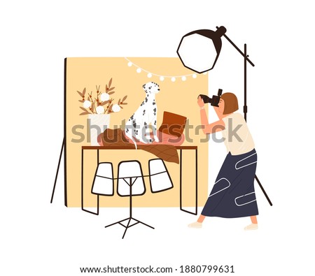 Photographer makes photos of dog in studio with professional light. Woman with camera shooting pet. Photo session or photography of domestic animal. Flat vector illustration isolated on white