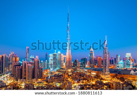 Dubai city center skyline after sunset, United Arab Emirates