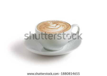 Front view of hot cafe Latte coffee with rosetta latte art in white ceramic cup isolated in white background. Arabica Espresso roasted coffee Royalty-Free Stock Photo #1880814655