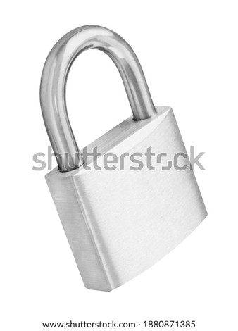 Silver metallic padlock isolated against white background