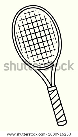 Uncolored Tennis racket line art illustration. Sports equipment icon isolated on white background. For coloring book or coloring page or use as logo design concept. Leisure hobby game and fitness