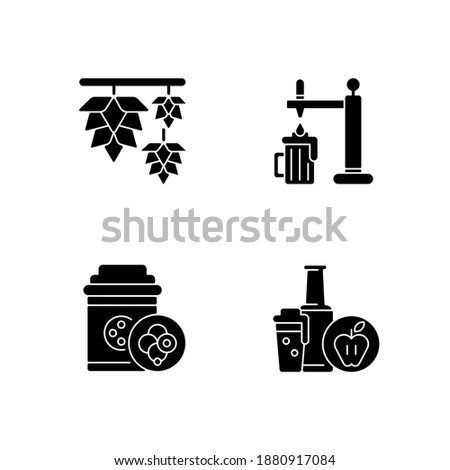Beer drink black glyph icons set on white space. Herbal hops for brewing alcohol. Fermentation for beverage production, Cider in bottle. Bar menu. Silhouette symbols. Vector isolated illustration