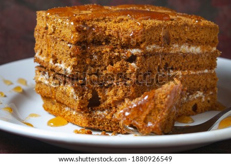 honey cake with honey drips lies on a white plate