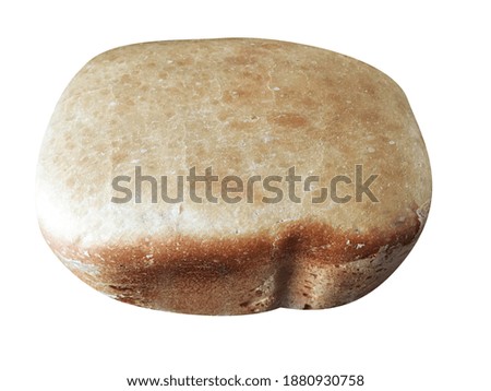 Selective focused photo of a loaf of bread isolated on white background with space for runaround or wraparound text 