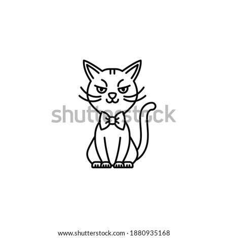 Cartoon cat character with a bow tie line icon vector. 