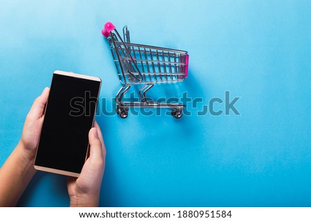 Online shopping concept - Image of a smarthphone or mobile phone and a shopping cart on a light blue background.