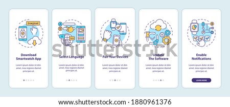 Smart watch setup tips onboarding mobile app page screen with concepts. Download, select language, update walkthrough 5 steps graphic instructions. UI vector template with RGB color illustrations Royalty-Free Stock Photo #1880961376