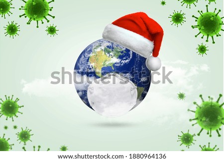 christmas corona virus, Earth With Surgical Mask and Santa Hat - Virus Infection Covid 19 - World with Coronavirus, Festive christmas reindeer made from face mask and decorations