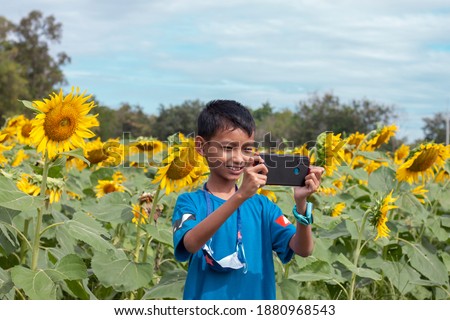 Asian boy used mobile phone taking a selfie while going to sunflower field.