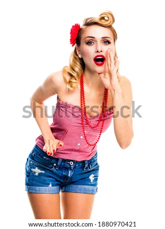 Portrait of amazed woman holding hand near open mouth. Girl in pin up. Blond model - retro fashion vintage concept, isolated on white background. Studio picture. Sale discount advertising