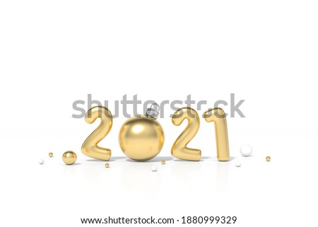 2021 gold metallic happy new year and christmas ball ornaments decoration object group on white background 3d rendering. 3d illustration Golden colored numbers Festive poster or banner design.
