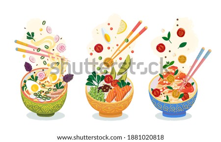 Food meal set. Hot dishes with pasta spaghetti, rice with fish and vegetables, Asian ramen noodles soup with egg, served in colorful folk deep bowl. Flying ingredients toppings and chopsticks Royalty-Free Stock Photo #1881020818