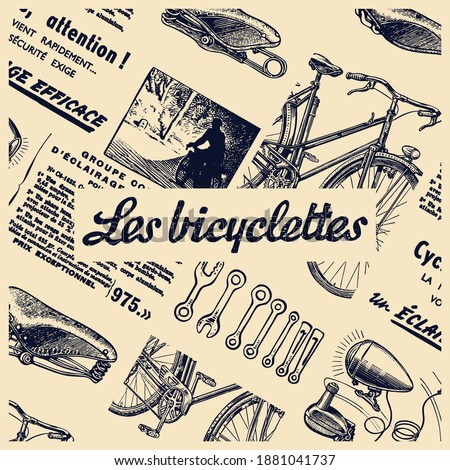 Les Bicyclettes means in french The Bicyles. Vintage newspaper collage with clipping mask on elements.