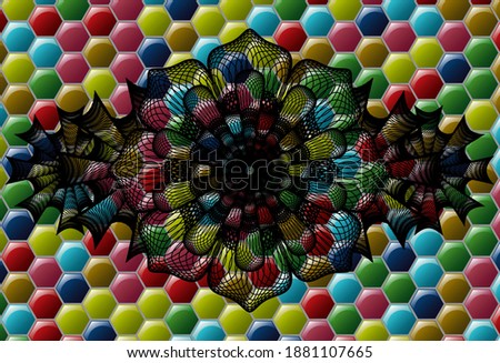 Linear currency Colorful candy realistic emblem. Hexagon chic background. Illustration. 
