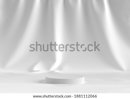 Background photo with white blank podium front of white fabric backdrop can be use for commercial advertise or product design sale. High resolution clean space image.
