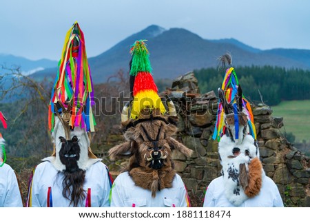 Zamarrones or rural carnival characters of Piasca village carnival within Liébana Valley in Picos de Europa mountain range of Cantabria Autonomous Community of Spain, Europe