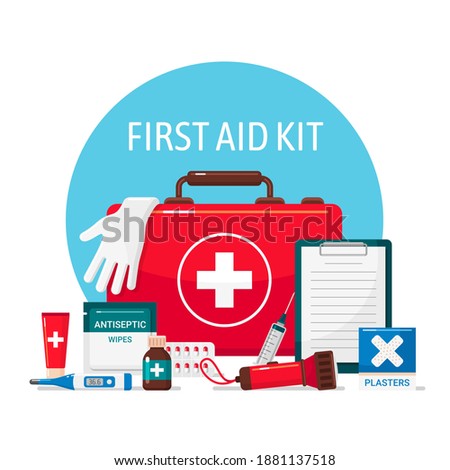 First aid kit, emergency medical supplies for camping, hunting, hiking. Medicine equipment set. Vector first aid kit flat style cartoon illustration isolated on white background Royalty-Free Stock Photo #1881137518