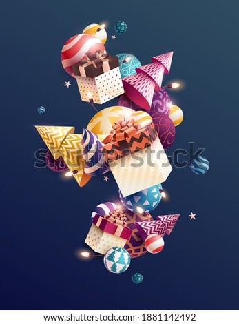 Gift boxes with colorful Christmas decoration. New year greeting card design.  