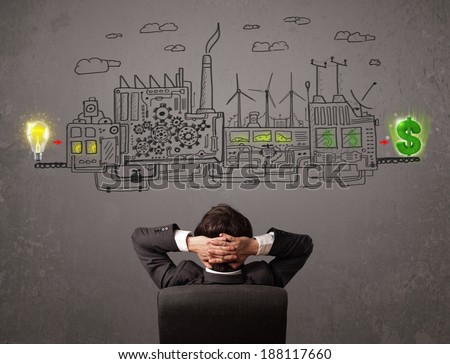 Business man looking at factory that makes money from ideas concept